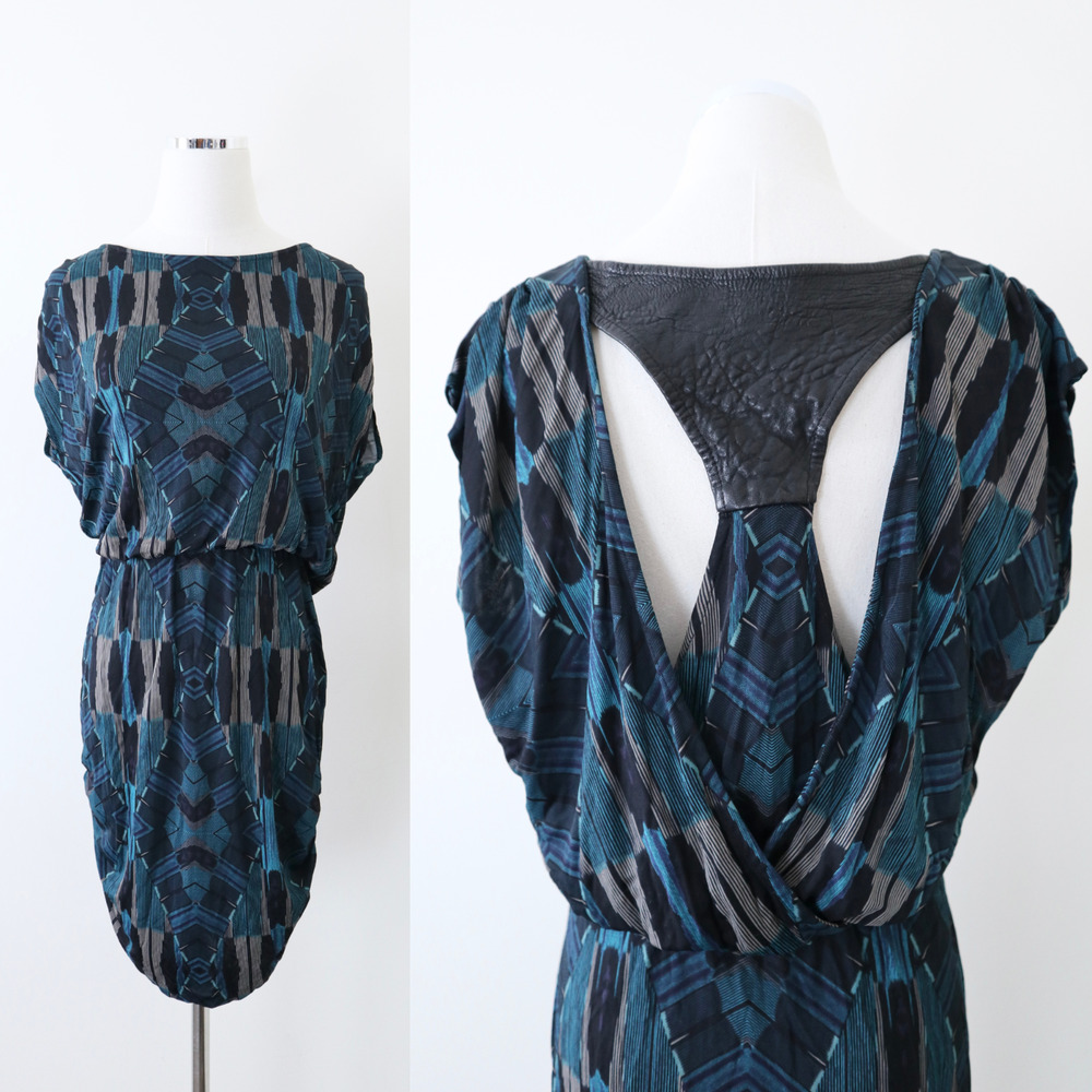 Dolce Vita Size M Geometric Print Dress Leather Cutout Back Ruched Teal Blue